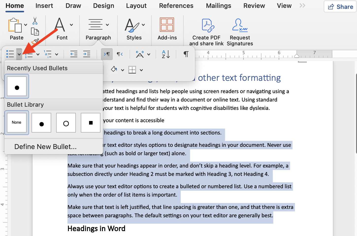 Microsoft Word list options
