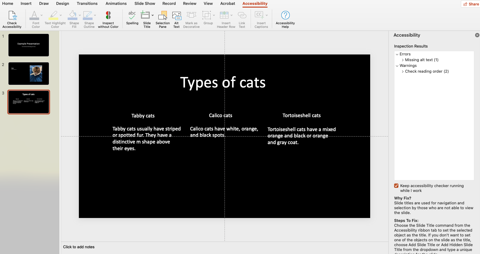 Accessibility Pane and Menu open in Microsoft PowerPoint.