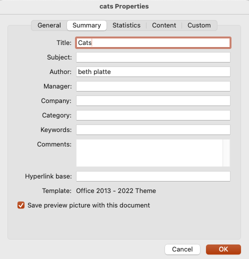 PowerPoint Properties window showing Title option in the Summary tab.