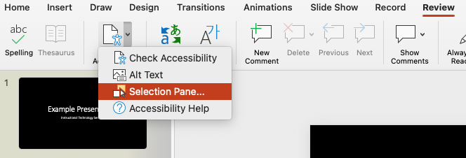 The option to open the Selection Pane from the Accessibility Check menu in PowerPoint.