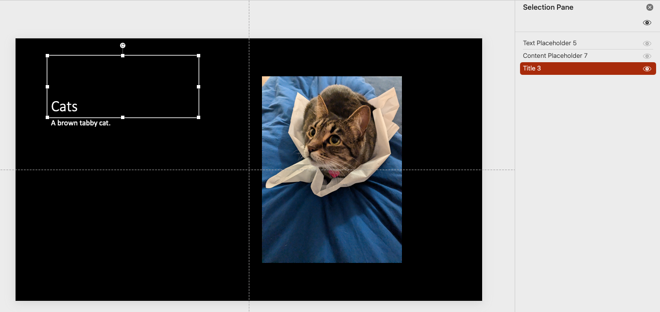 Selection Pane in Microsoft PowerPoint, showing a list of slide items with Title at the bottom.