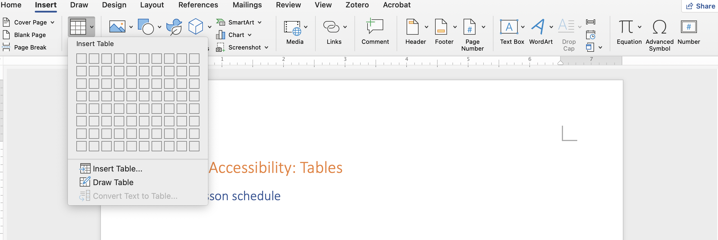 Word Insert menu with Table selected