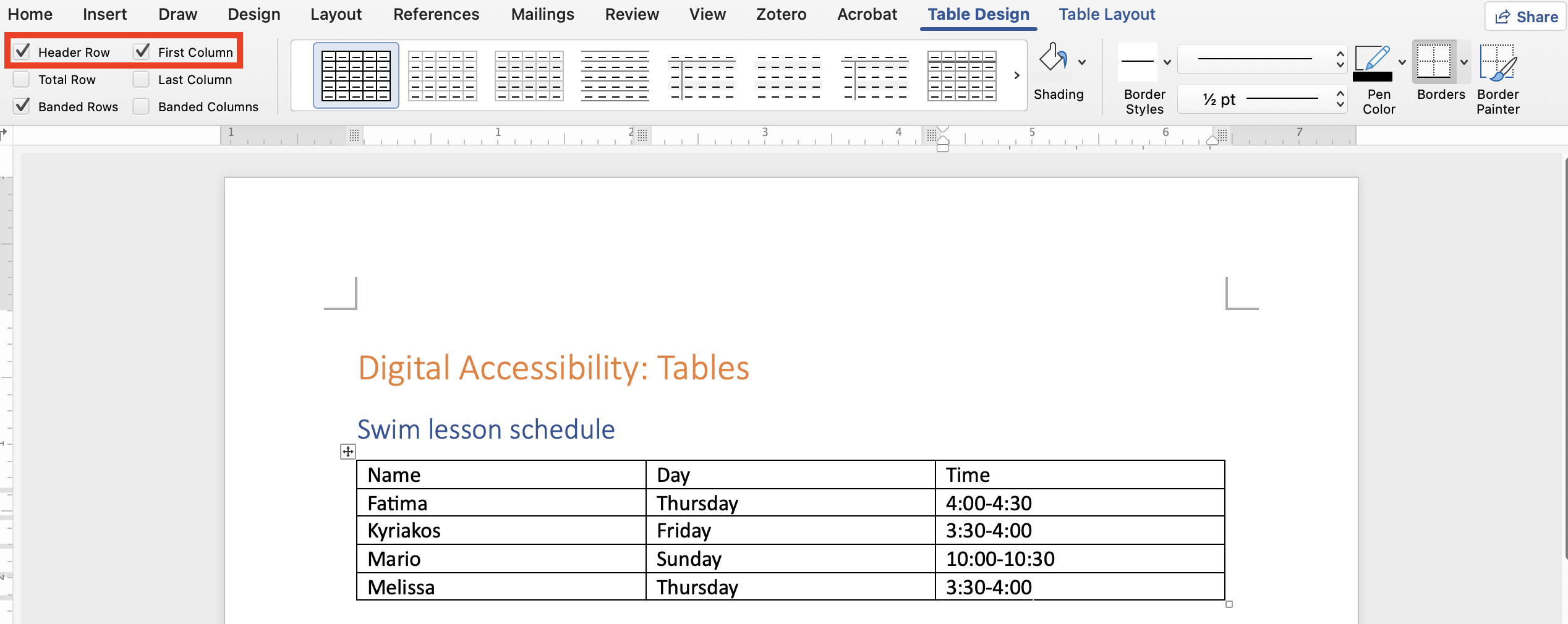 Word Table Design menu showing Header Row and First Column boxes checked.
