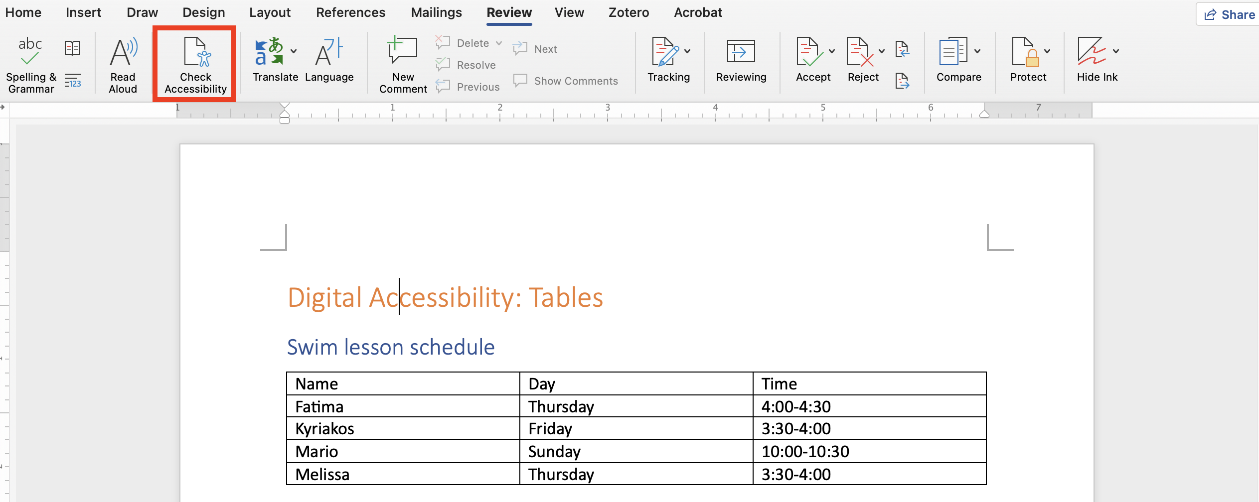 Check Accessibility in the Word Review menu