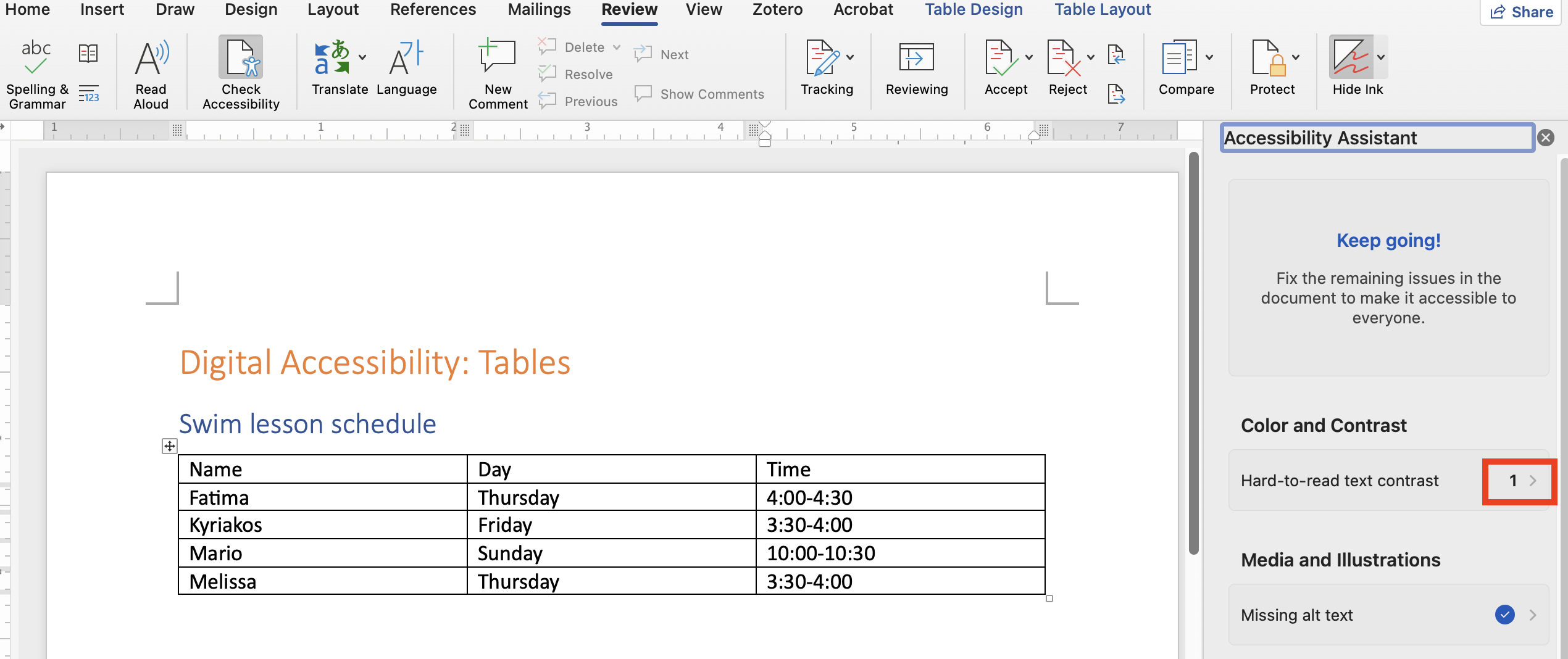 Word accessibility assistant pane.