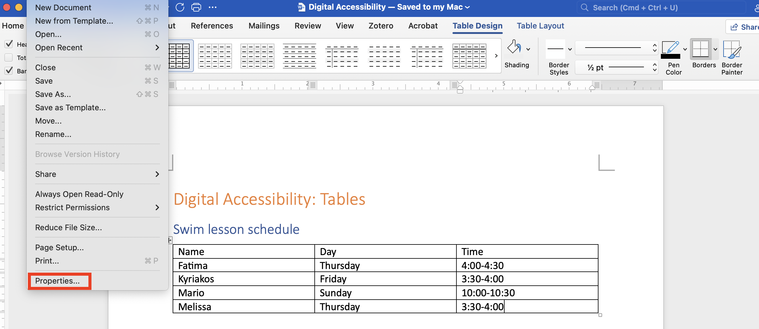 Word File menu showing Properties option.