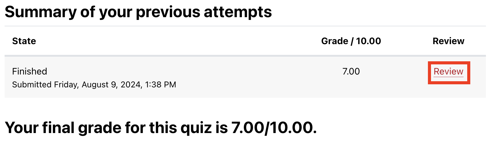 Button to review a quiz attempt