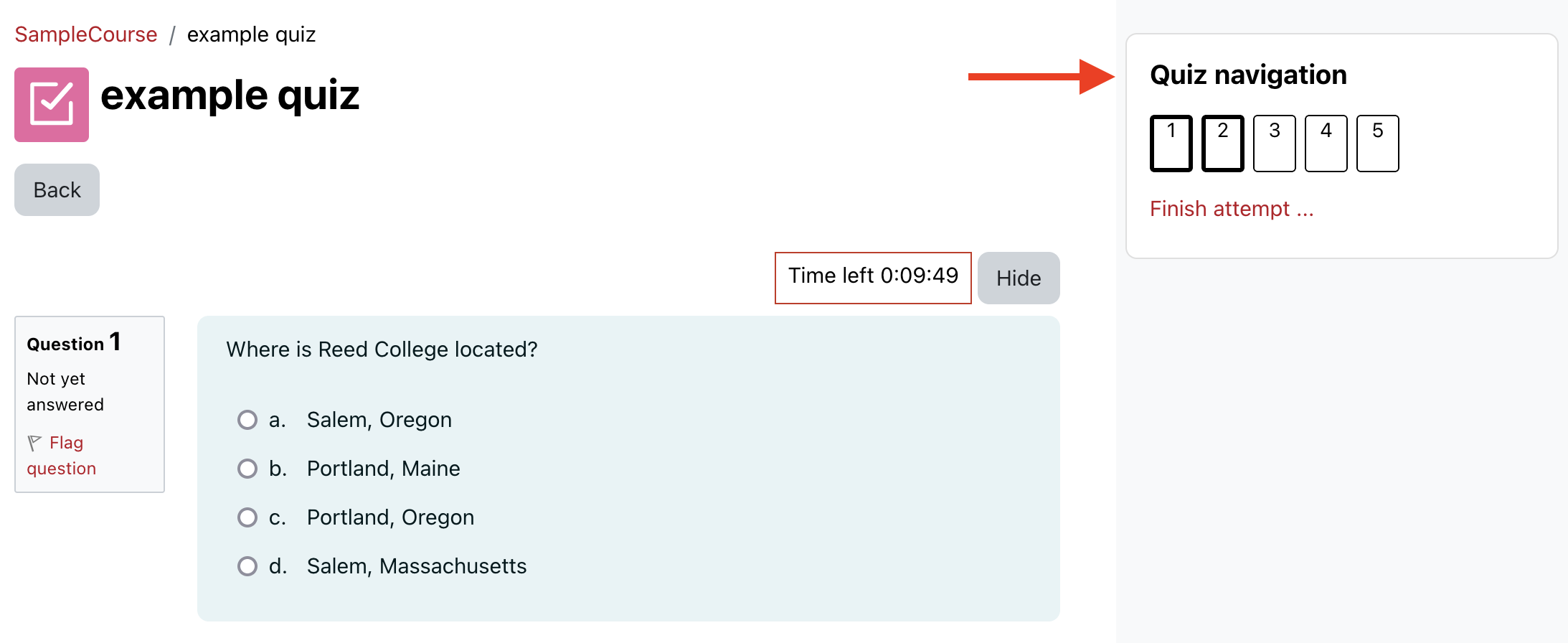Quiz navigation block in the block drawer