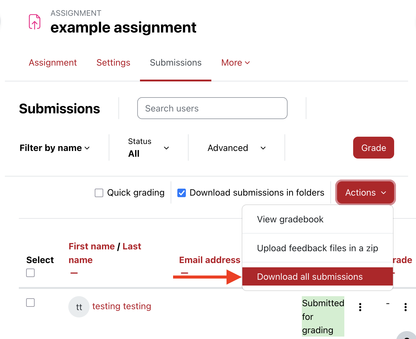 Location of download all submissions option within the actions menu.