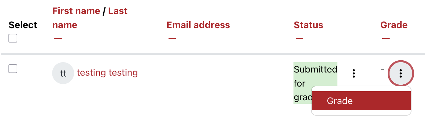 Moodle grading interface with grade options expanded and grade selected.