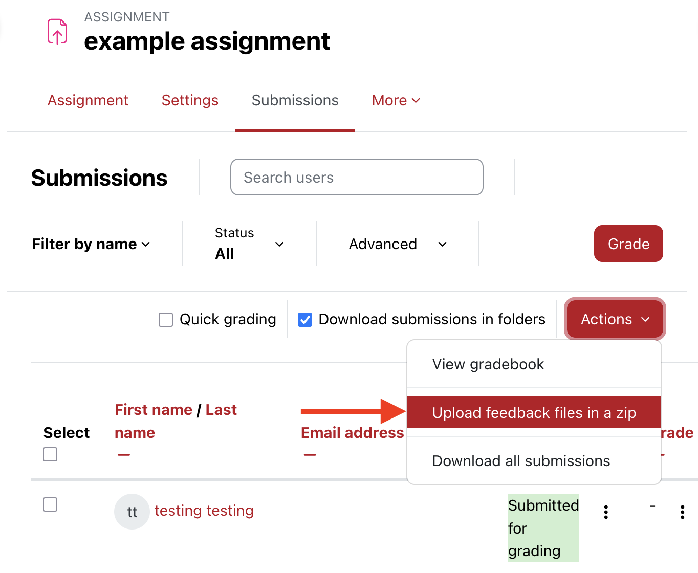 Action menu in Moodle showing upload feedback files option selected.