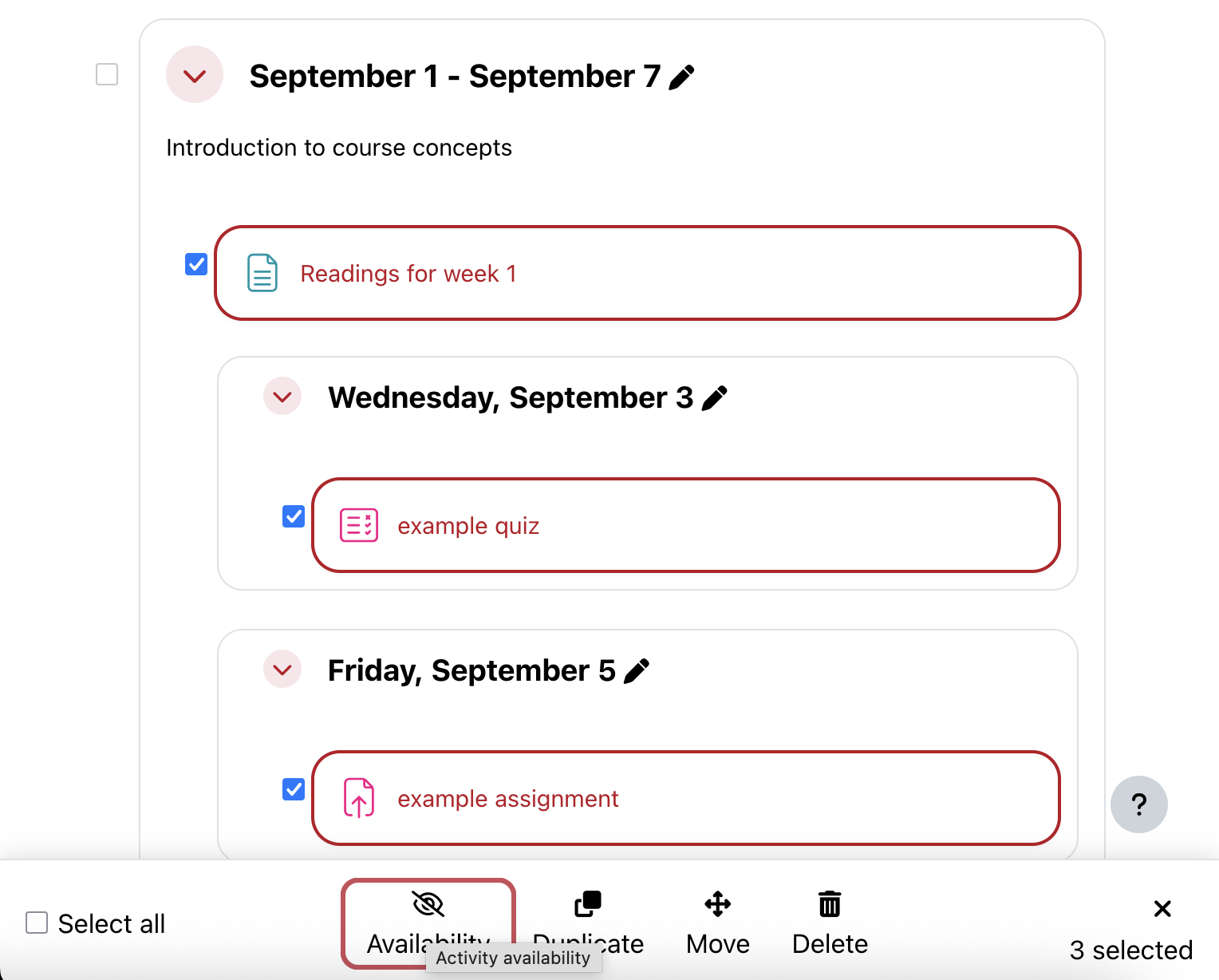 Moodle page with bulk editing option turned on, page content selected, and the Availability option selected for bulk action.