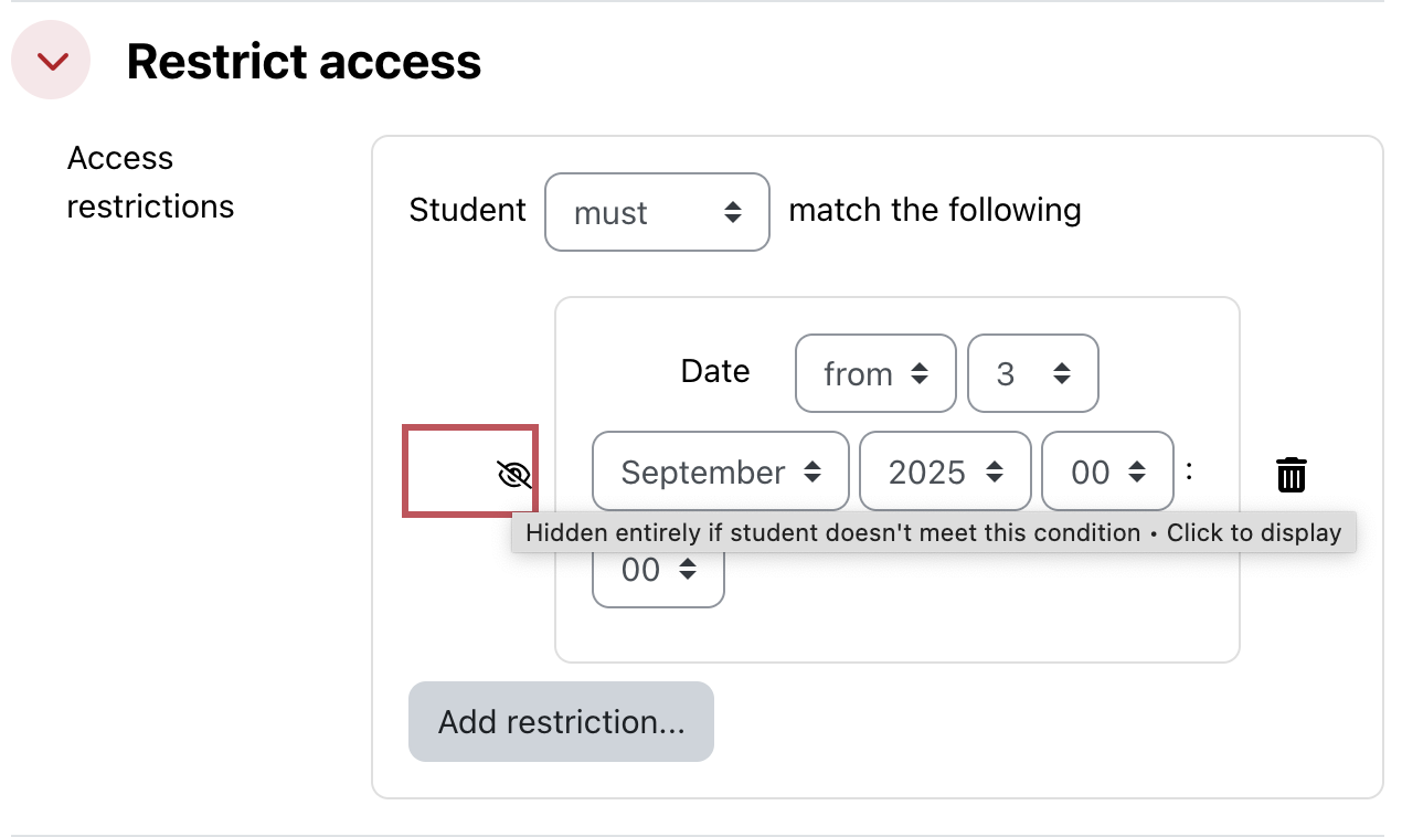 Location of the icon used to show or hide restricted content.