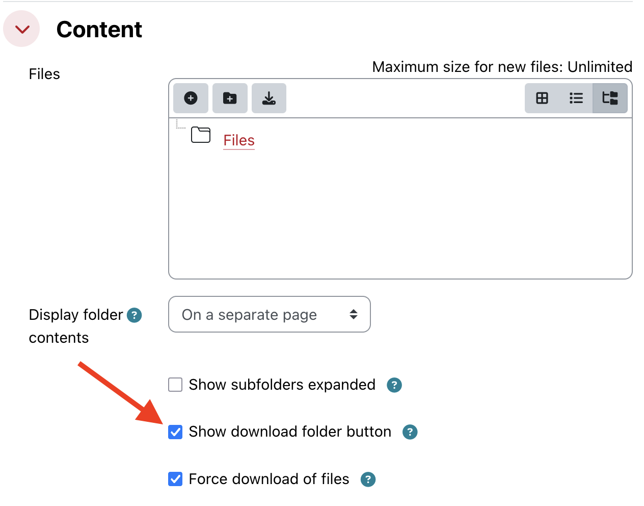 Location of option to show download folder button