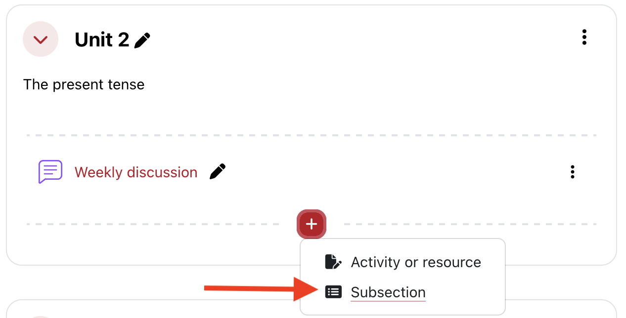 Moodle add content menu showing subsection option.