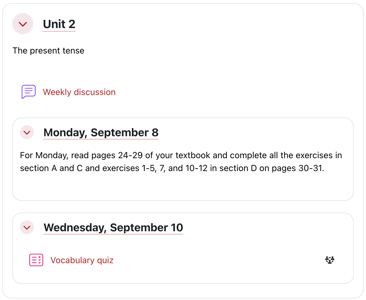 Moodle page with subsections.