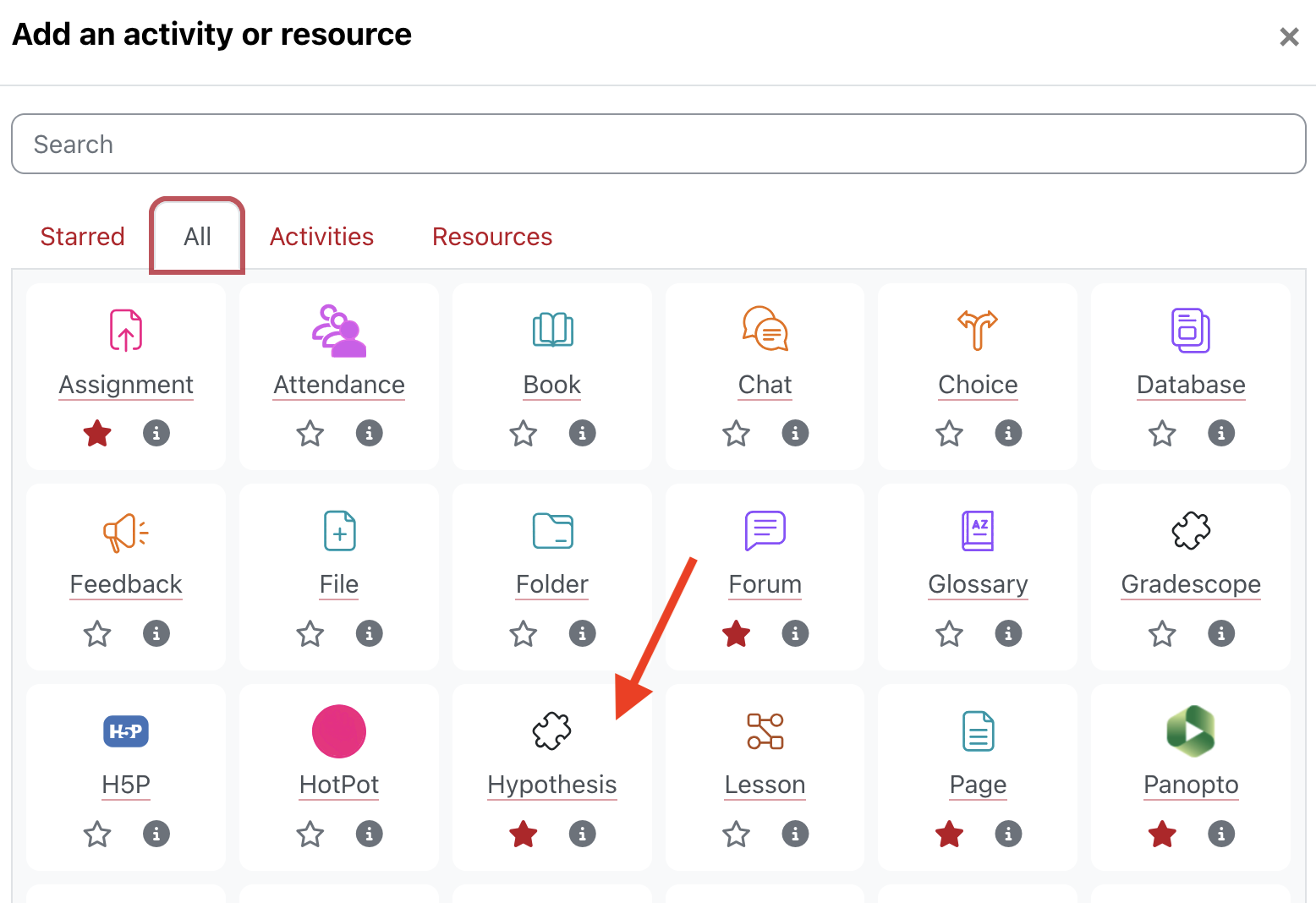 Location of the hypothesis option in the Moodle activity picker