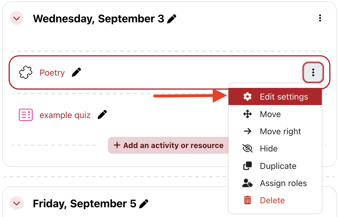 Moodle item options showing Edit settings selected.