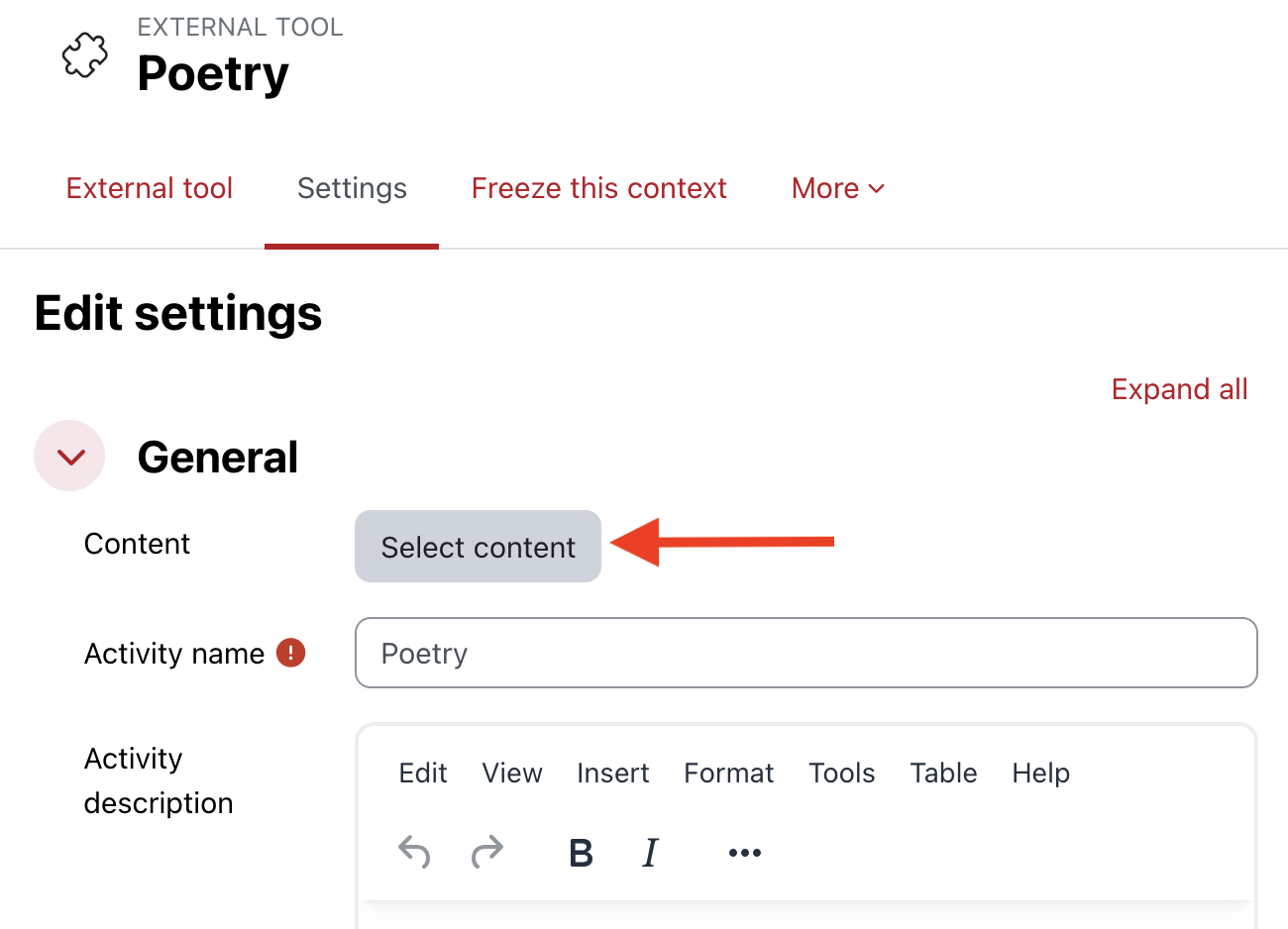 Select content button in the LTI set up options for Hypothesis.