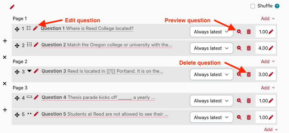 Quiz questions page with icons to edit, preview, and delete questions labeled.