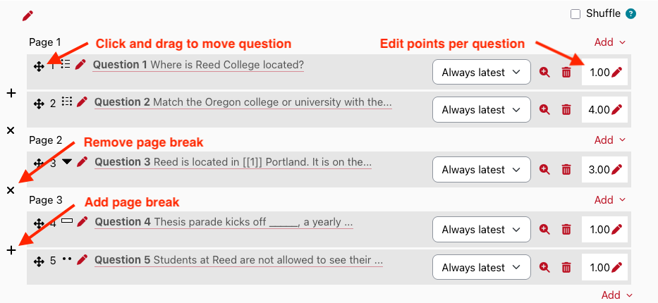 Moodle quiz questions page with icons for clicking and dragging, editing points, and adding or removing a page break labeled.