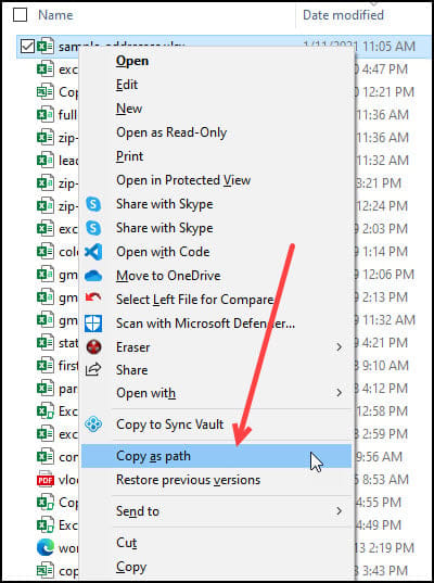 menu showing copy as path