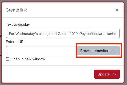 Moodle link popup showing the browse repositories option