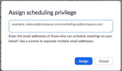 Zoom assign scheduling privileges dialog box