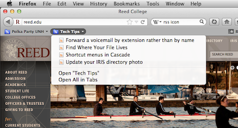 Screenshot of expanded Live Bookmarks menu in Firefox's Bookmarks Toolbar.