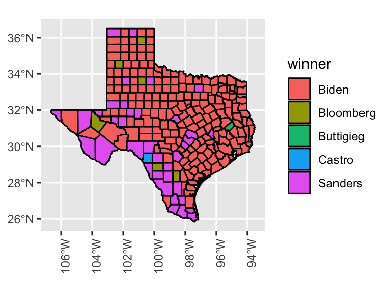 Winners of the Democratic Primary by county in Texas