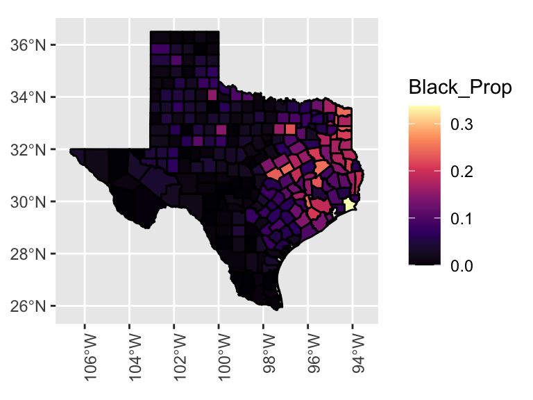 Proportions of black residents by county in Texas