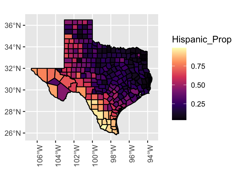Proportions of Hispanic residents by county in Texas