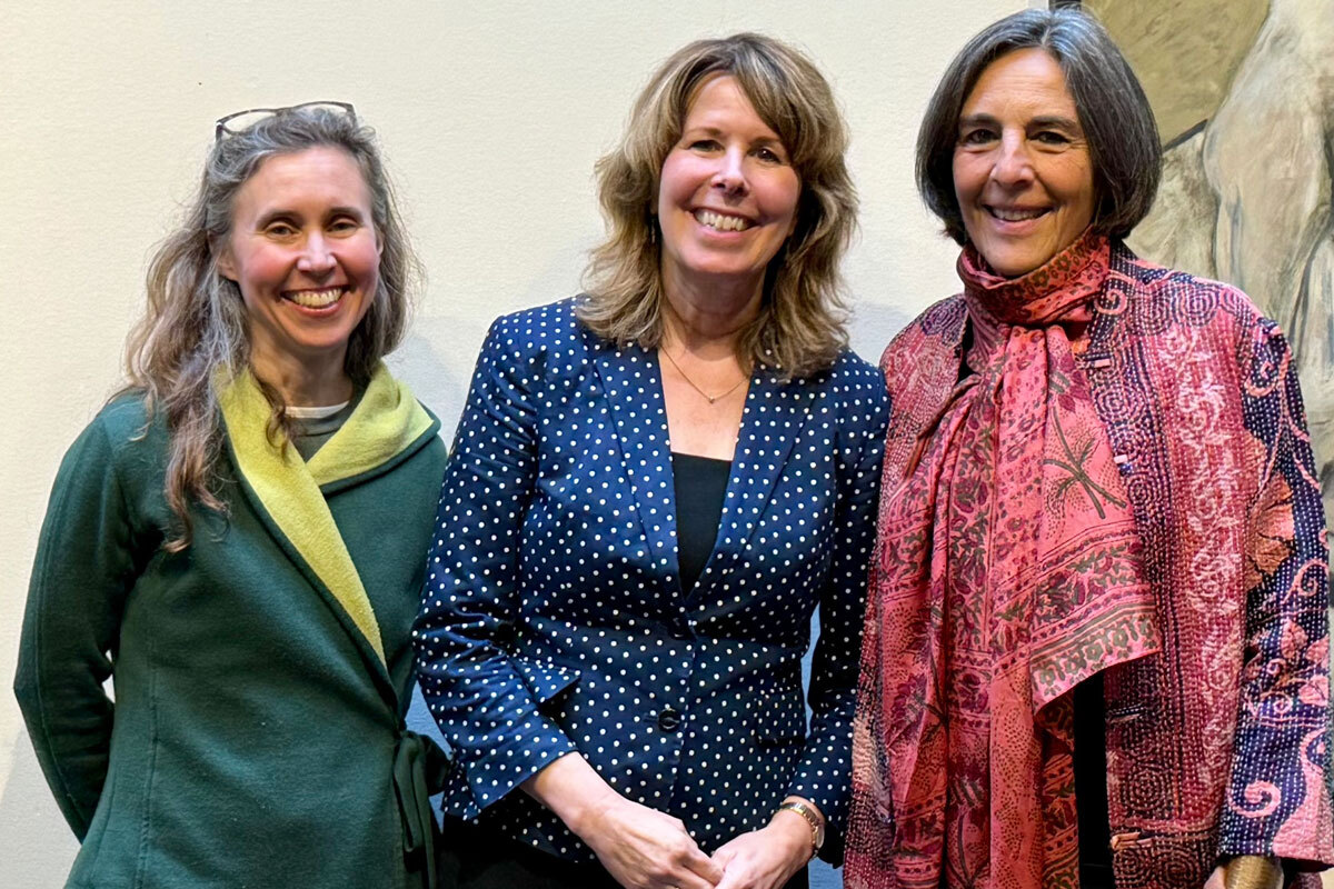 Three women—Professor Kara Cerveny, President Audrey Bilger, and Professor Cristina Pujades—smiling. 