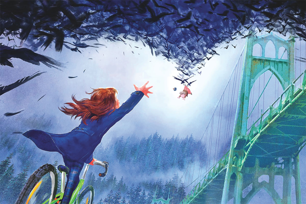 An illustration of a girl reaching for a baby being taken by a crow near St. John's Bridge.