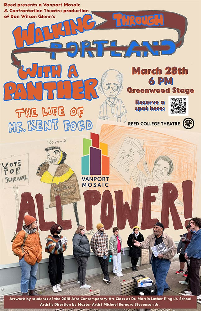 A show poster depicting the title Walking Through Portland with a Panther above a picture of Mr. Kent Ford speaking to students