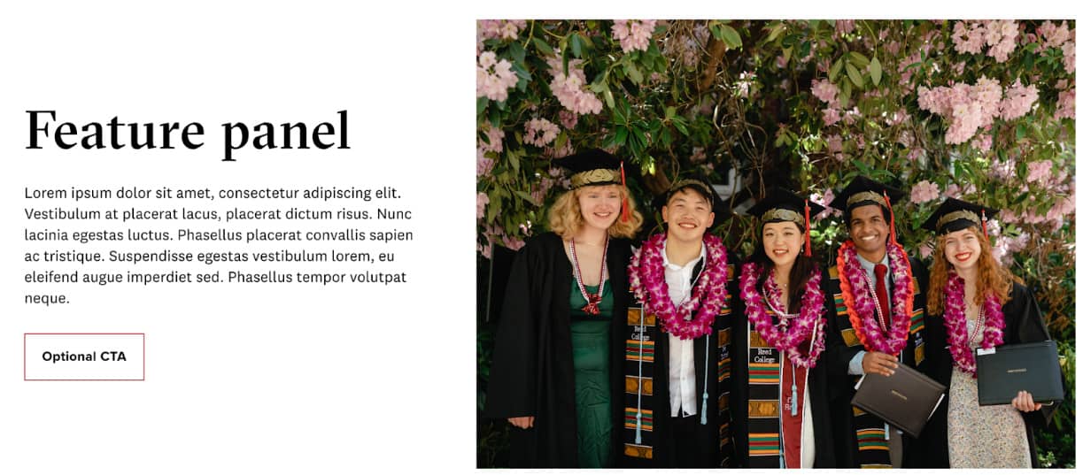 The words Feature Panel next to a photo of five Reed students in graduation robes