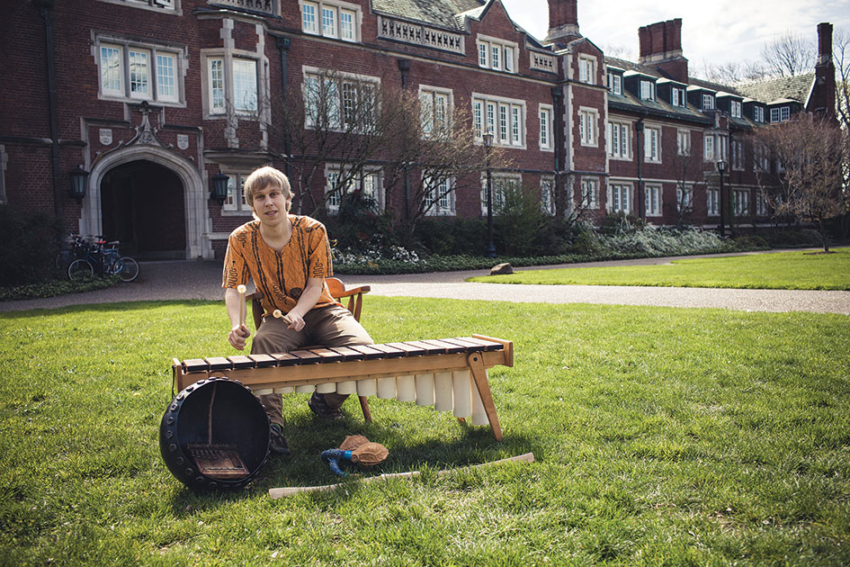 Cole Perkinson &amp;#8217;13 plays a Zimbabwean marimba in the Quad. His other instruments include a deze (hollowed-out gourd) , a mbira (thumb piano propped up inside the deze), hosho (shakers), and a chipendani (one-stringed mouth bow).