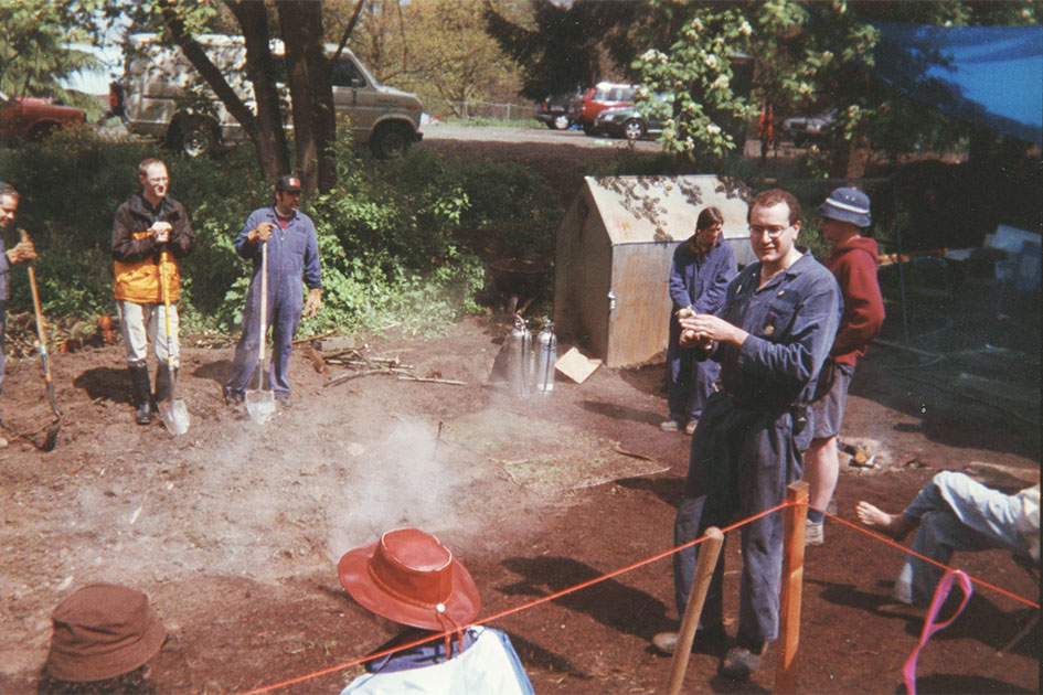 Meat Smoke Crew, 2001. Left to right (full faces only): Van Havig &amp;#8217;92 (in black and yellow windbreaker), Jim Quinn &amp;#8217;83, Allison Wibby &amp;#8217;93, Bear Wilner-Nugent &amp;#8216;95 