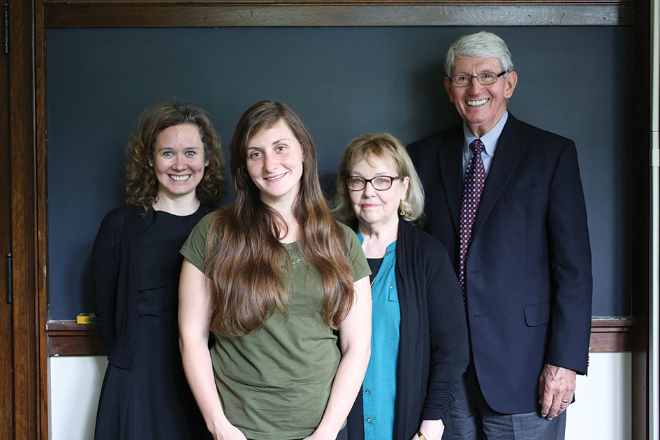 Chinese major Joan Guldin &amp;#8217;15 (center) won the Unrue Award for her thesis. She is flanked by members of the Unrue family, who created the award to honor Greg Unrue &amp;#8217;84.