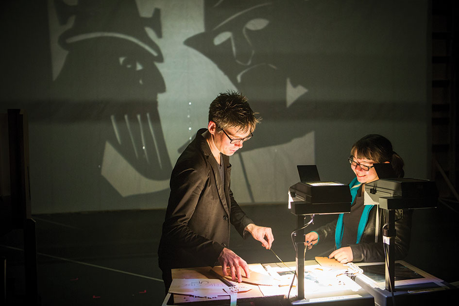 Prof. Ksander and Marisa Kanai &amp;#8217;15 work on shadow theatre performance of Gilgamesh for Theatre 396, Puppetry and Performing Objects.&amp;#160;Photo By Leah Nash