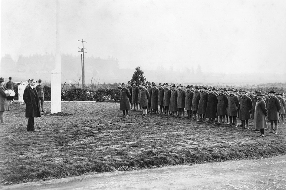 President Foster addresses the Student Army Training Corps, 1918.