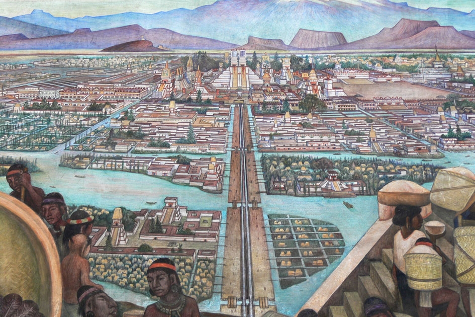 Detail from the mural The History of Mexico at the Palacio Nacional in Mexico City by Diego Rivera, showing life in Aztec times, i.e., the city of Tenochtitlan.