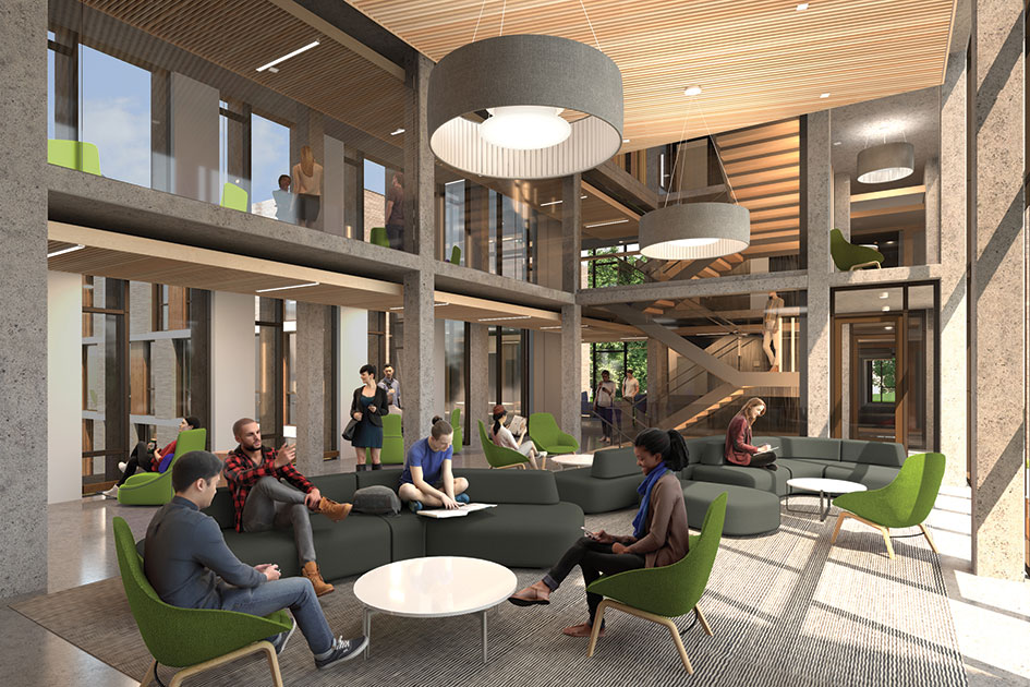 A light-filled, two-story atrium is designed as a space for students to gather and relax. 