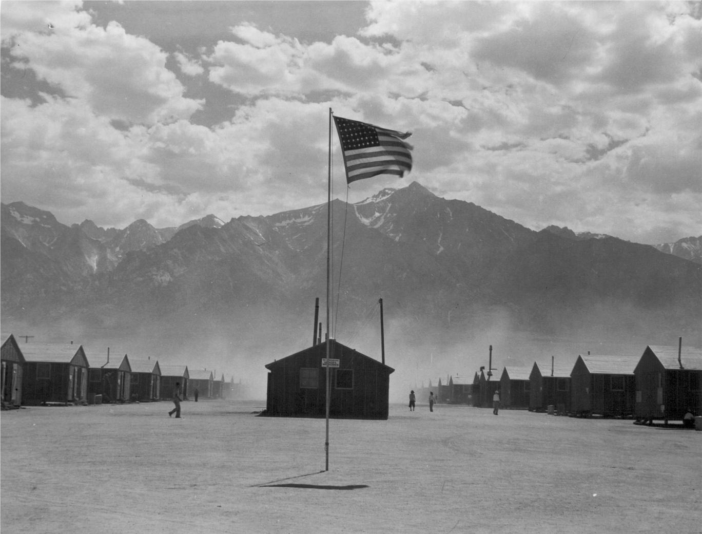 Wind storm and barrack homes at the internment camp in Manzanar, California, where Americans of Japanese ancestry were incarcerated during World War II.