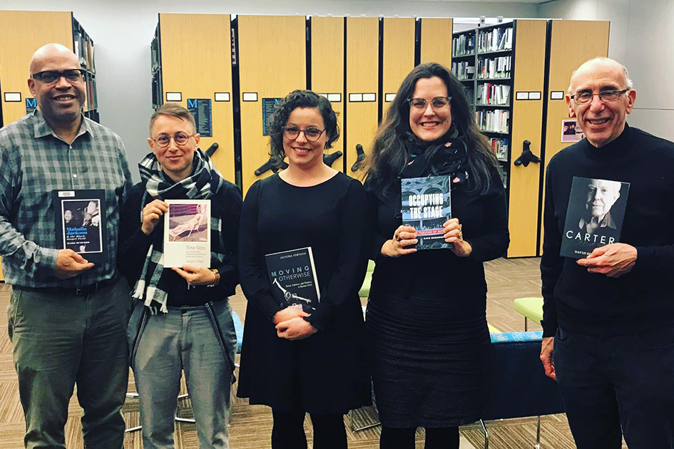 Performing arts professors celebrate an extraordinary outpouring of literary flourish. From left to right, Profs. Mark Burford, Jaclyn Pryor, Victoria Fortuna, Kate Bredeson, and David Schiff. (Prof. Morgan Luker not pictured.)
