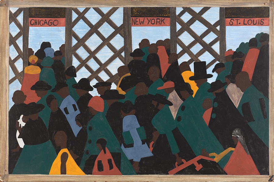 Panel no. 1 from The Migration Series, by Jacob Lawrence, which students studied in the second week of the final Humanities 110 unit, Aesthetics and Politics: Harlem.