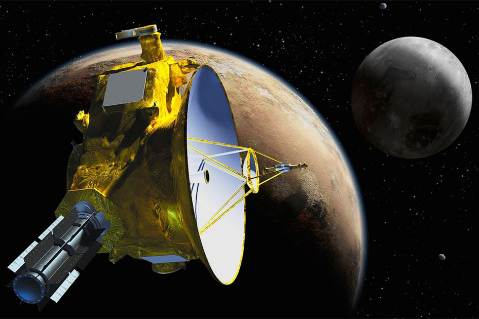 Artist&amp;#8217;s concept of the New Horizons spacecraft approaching Pluto and its largest moon, Charon, in 2015. New Horizons relies on hydrazine thrusters designed by Olwen Morgan&amp;#8217;s team at Aerojet Rocketdyne.&amp;#160;