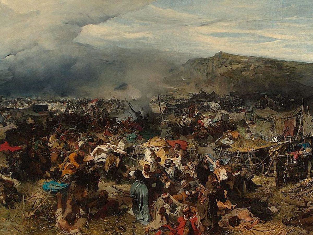 Recovery of Prisoners by J&amp;#243;zef Brandt depicts the Polish-Lithuanian army attacking a Crimean Tatar war camp in 1624.