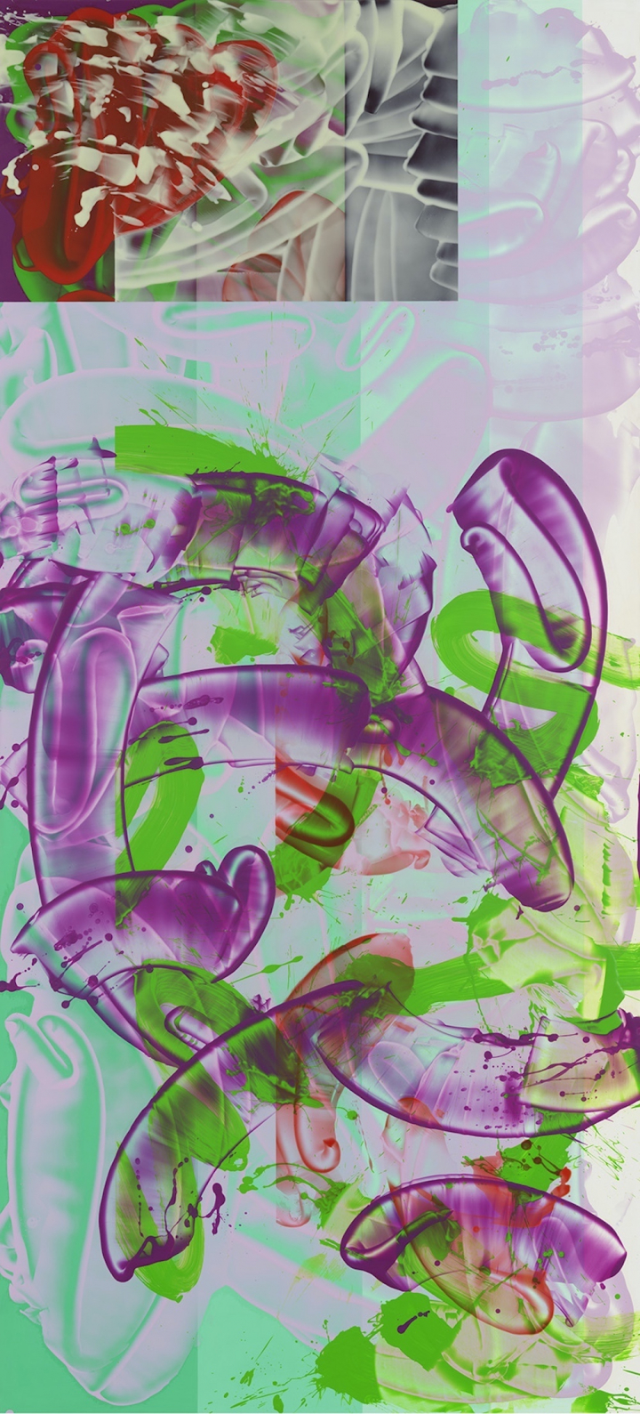 Abstract painting with purple, red, and green splatter in the for front and blue-turquoise in the left background