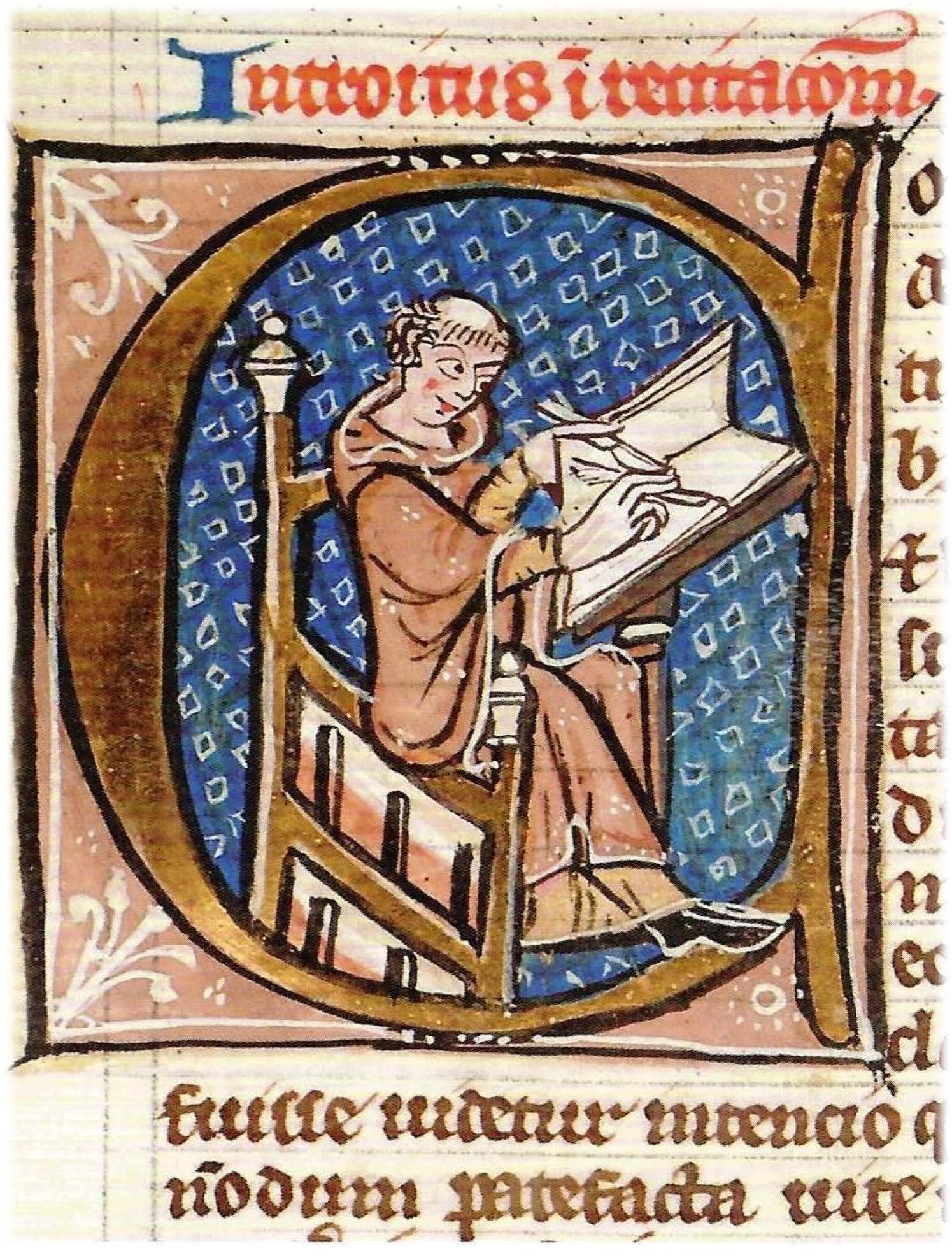 photo of Welsh Manuscript depicting a man in a chair writing with a blue background 